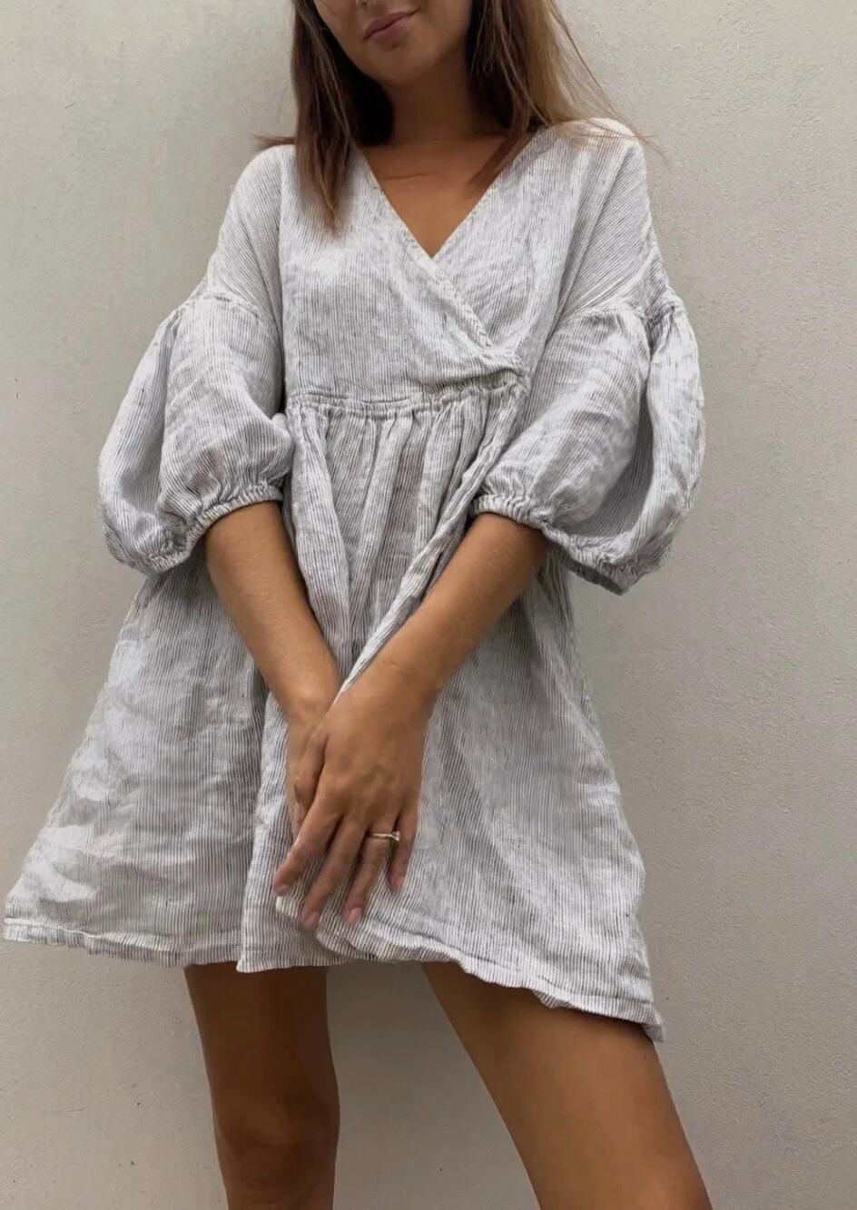 Marlow and Mae Harp Dress Large 100% Linen Mini Puff Sleeve Cottagecore A011134
